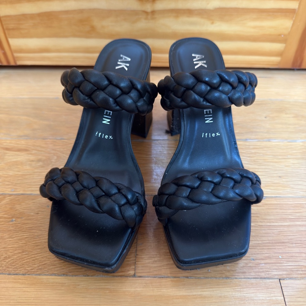 Anne Klein Black Braided Double-Strap Block Heel Sandals